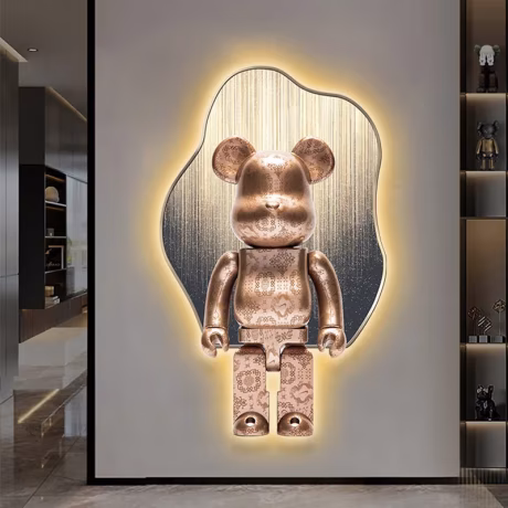 Creative design happy bear crystal porcelain modern glass wall paintings with led home decor for living room shop