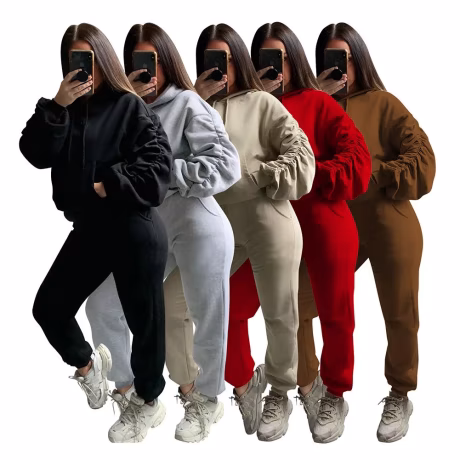 Custom Women 2 Piece Outfits Tracksuit Puff Long Sleeve Sweatshirt and Skinny Long Pants Sweatsuit Set Jogging Suits