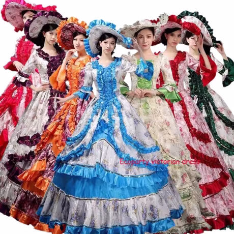 Deluxe 18th Century Coronation Ball Gown Medieval Historical Halloween Victorian Dress Gothic Party Cosplay Costume with hat