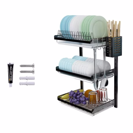 Dish Drying Rack, 3-Tier Hanging Wall Mount Drying Organizer Storage Shelf Drainer for Dishes Bowls Utensils Mugs Metal Black