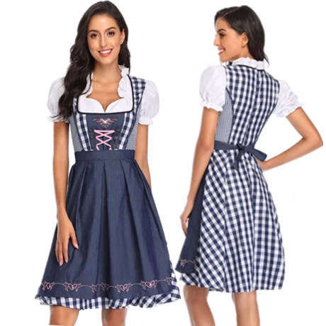 Ecoparty Traditional German Plaid Dirndl Dress Oktoberfest Costume Outfit For Adult Women Maid Halloween Cosplay Fancy Party