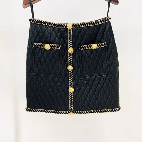 European Stylish High Street Single Breasted Chic Chains Decoration Women Fashion Solid Skinny Pu Skirt