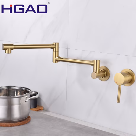 Factory Wholesale Black Folding Kitchen Pot Filler Faucet Wall Mounted Brass Body Brushed Finish Single Swing Arm Valves Type