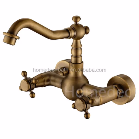 Gold Wall Mounted Dual Handles Antique Brass Bathroom Basin Taps