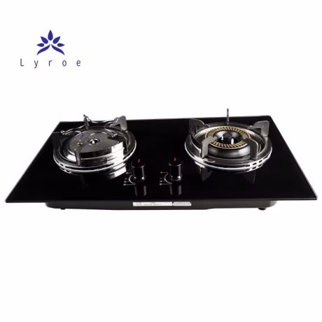 Lyroe Home Tempered Glass Crystal Panel Double Burner Blue Flame Infrared Ceramic Burner Gas Cooktops Stove with Metal Knob