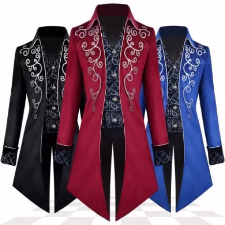 Medieval Coats Retro Long Trench Tops Jacquard Printing Tailcoat Lapel Punk Uniform Halloween Cosplay Costumes