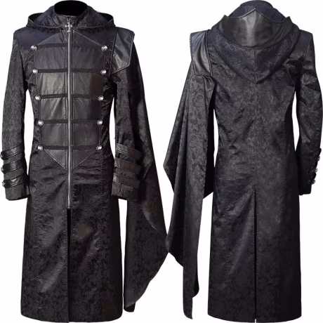 Medieval Costume Men Victorian Gothic Trench Coat Steampunk Long Black Jacket Hoodies Irregular Design Overcoat Uniform Cos