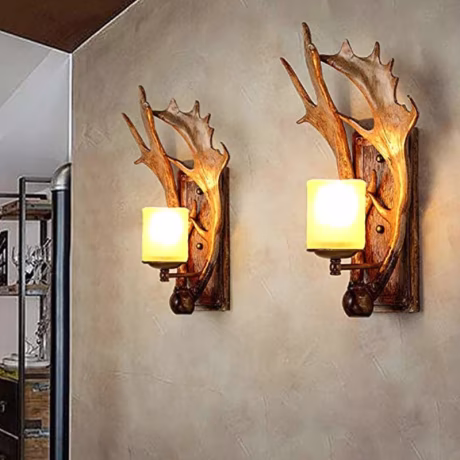 Nordic style antler wall lamp personality European style living room aisle antique deer head decoration wall light
