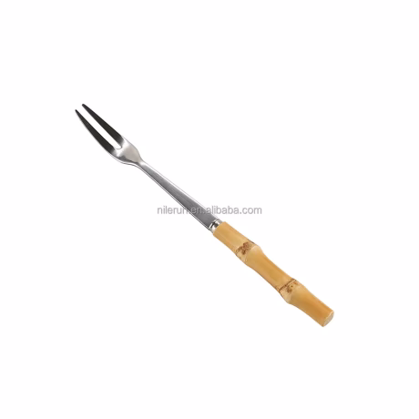 Novelty Two Teeth Stainless Steel Handmade Long Natural Bamboo Root Wood Handle Cake Dessert Small Fruit Fork
