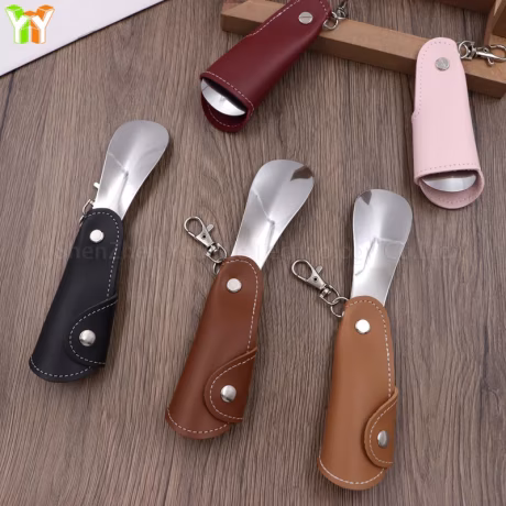 RTS Leather Mini Shoehorn Keyring Stainless Steel Shoes Horn Travel Self-defense Keychains