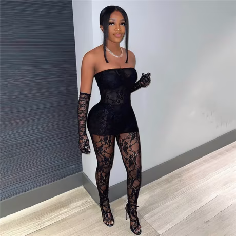 W-S1142A Trim Sheer Lace Women 3 Piece Sets Solid Strapless Tupe Top Hot Skinny Pantyhose Pants Baddie Club Outfit Lingerie Suit