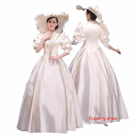 Women Medieval Champagne Royal Rococo Baroque Style Costume Deluxe Lace Trim Ball Gown Victorian Dress with Hat Customized