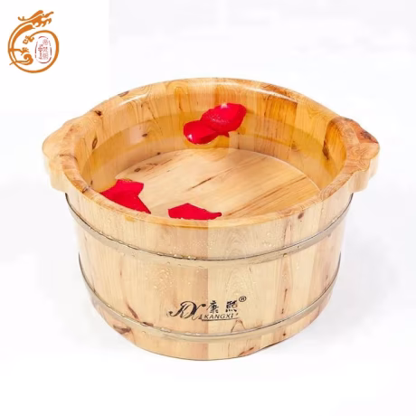 Wood sauna bucket and scoop wood foot massage barrel in bathroom