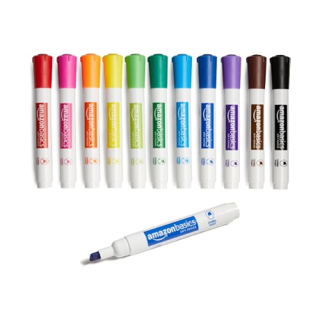 ONVELS Pick: Amazon Basics Dry Erase Whiteboard Markers, Chisel Tip, Low-Odor, Assorted Colors, 12-Pack, Erase Easily