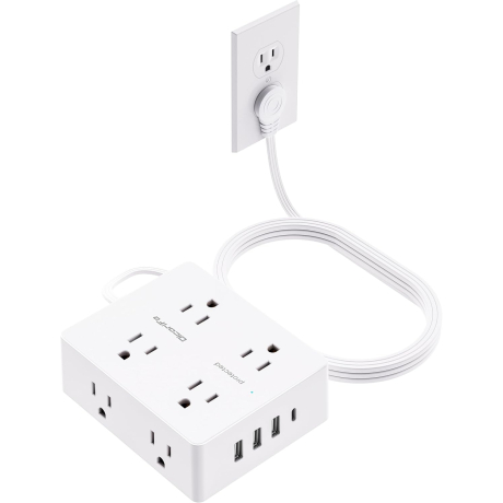 ONVELS Pick: Olcorife Flat Plug Power Strip with 10 FT Extension Cord, 8 Outlets 4 USB Ports(1 USB C), 3 Sided Outlet Extender for Home Office Travel Dorm Room Essentials, White