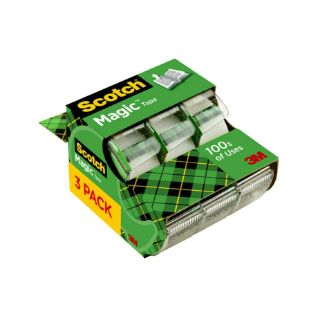 ONVELS Pick: Scotch Magic Tape, 3 Dispensered Rolls, 3/4 x 300 Inches, Clear | Numerous Applications, Invisible, Clear Tape Engineered for Repairing