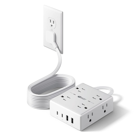 ONVELS Pick: SUPERDANNY Extension Cord,Flat Plug Surge Protector Power Strip,10Ft | 8 AC &amp; 4 USB Ports (2 USB C),Surge Protector with 1050J,Desk Charging Station for Home Office,College Dorm Room Essentials