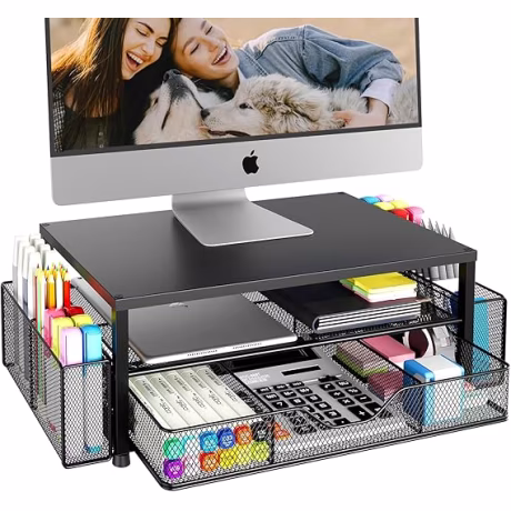 OPNICE 2-Tier Monitor Stand Riser with Drawer and Pen Holders, Black