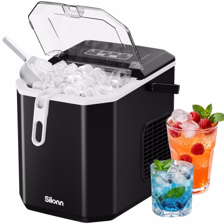 Silonn Countertop Ice Maker with Carry Handle, Basket and Scoop, Black