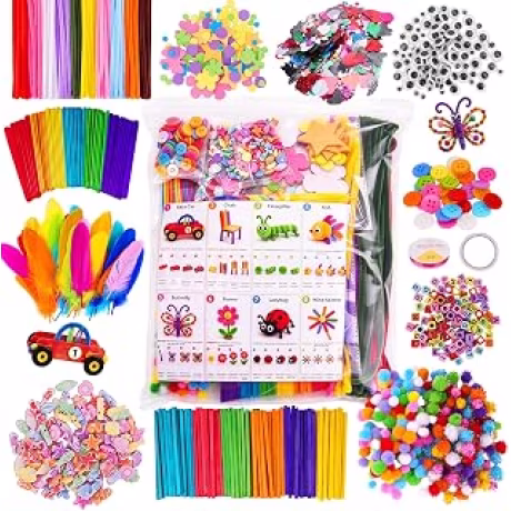 Anyeve Kit de suministros de arte de 2001 piezas, 14 tipos de suministros de manualidades con pompones y palitos de paletas, artes creativas y manualidades para niños
