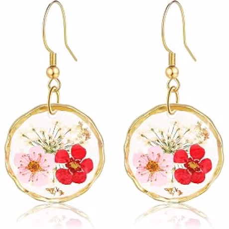 Aretes colgantes hechos a mano con flores prensadas de narciso y flores silvestres