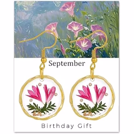 Aretes de flor de nacimiento para mujeres hechos a mano del mes, aretes prensados reales únicos de resina, aretes colgantes de plantas con flores secas, gran regalo para cumpleaños, fiestas, Navidad