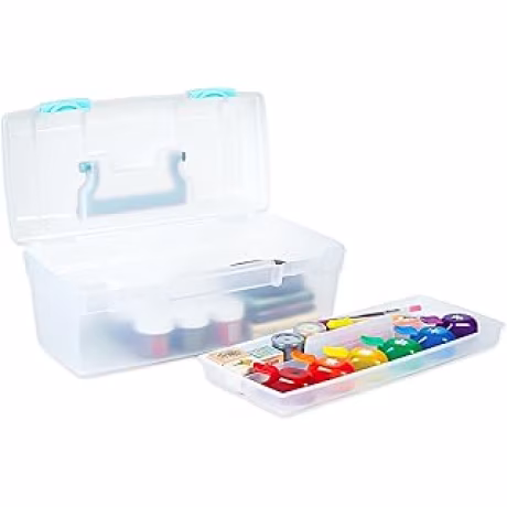 ArtBin 6937AG Essentials — Caja portátil con bandeja extraíble y asa, 13 × 6 × 5.625 pulgadas, transparente y aguamarina