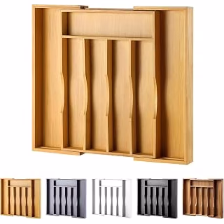Bandeja expandible de bambú y madera para cubiertos y utensilios