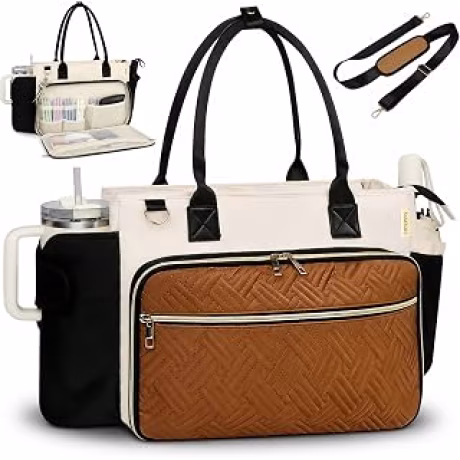 Bolsa de trabajo para mujer con portavasos y compartimento para laptop de 15.6 pulgadas