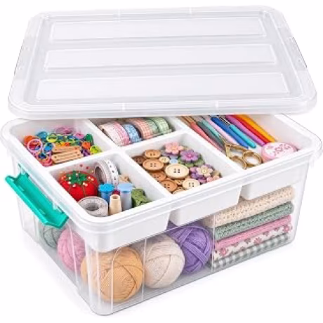 Caja organizadora transparente apilable con divisores para manualidades y herramientas