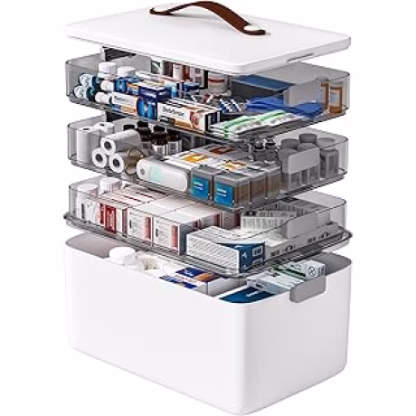 Caja portátil de cuatro niveles con asa para organizar medicamentos y primeros auxilios