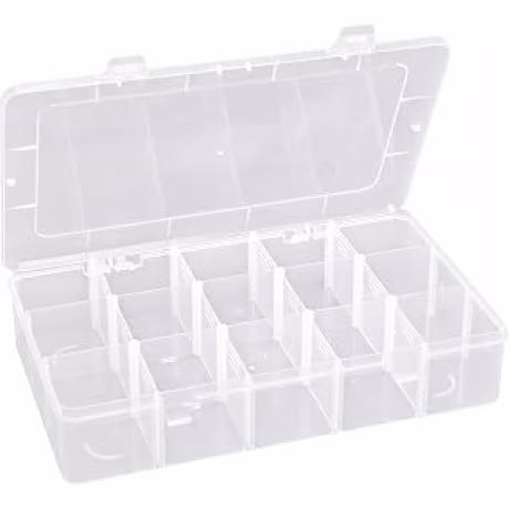 Caja transparente para cuentas con quince compartimentos y divisores