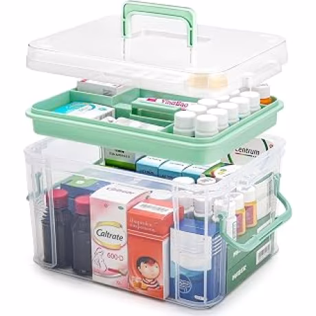 Caja vacía transparente de primeros auxilios de 15 cuartos de galón con asa, bandeja y etiquetas