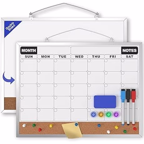 Calendario mensual de borrado en seco y tablero de corcho de doble cara de 16 x 12 pulgadas con accesorios