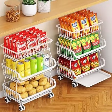 Carrito de alambre de tres niveles con ruedas para frutas, aperitivos y despensa