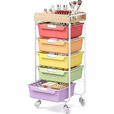Carrito de manualidades con cinco cajones etiquetables y superficie de madera