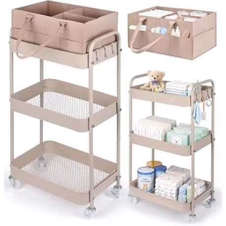 Carrito organizador de tres niveles para pañales y artículos de bebé, color taupe