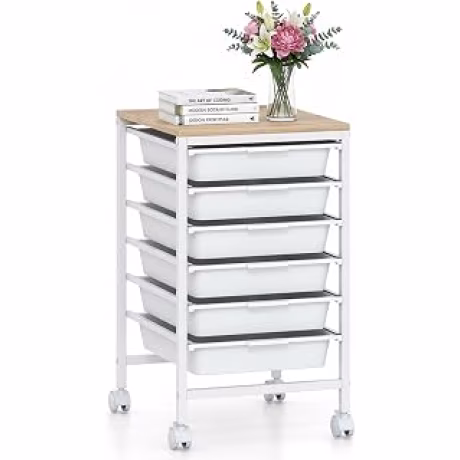 Carrito organizador para manualidades de seis cajones, tablero de madera y estructura metálica