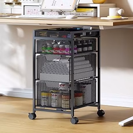 Carrito para manualidades de tres cajones con divisores y ruedas bloqueables