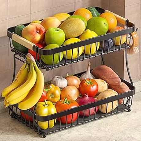 Cesta de frutas de metal de dos niveles con colgadores para plátanos y asa de madera