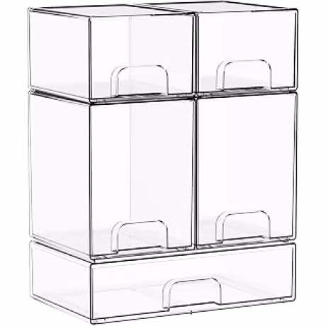 Cinco cajones apilables transparentes para organizar biberones y piezas de extractor