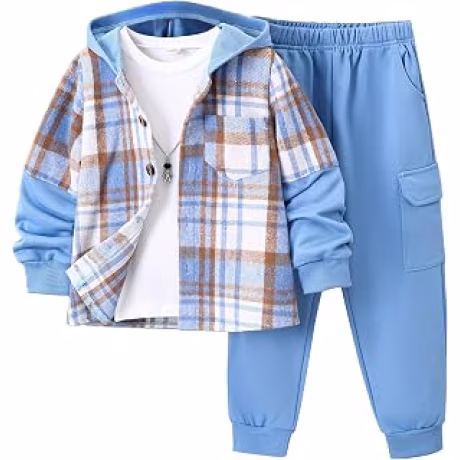 Conjunto de 2 piezas para niños de camisa de franela a cuadros y pantalones, sudadera con capucha para conjuntos de otoño, invierno, primavera de 4 a 12 años