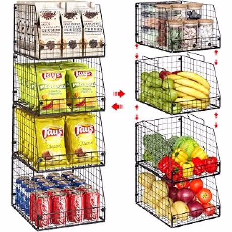 Cuatro cestas de alambre apilables XXL para despensa, frutas y verduras
