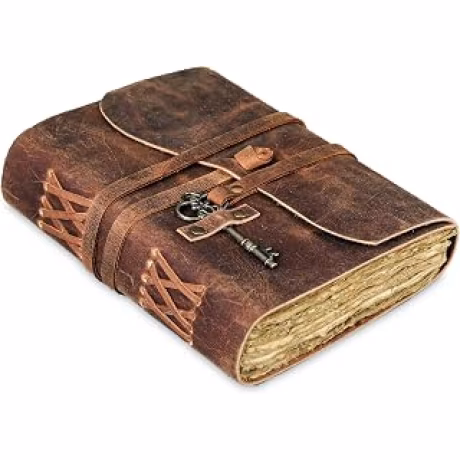 Diario de cuero con papel de borde de cubierta de 8 x 6 pulgadas y llave vintage, diario de escritura hecho a mano, bloc de notas diario encuadernado para hombres y mujeres, mediano