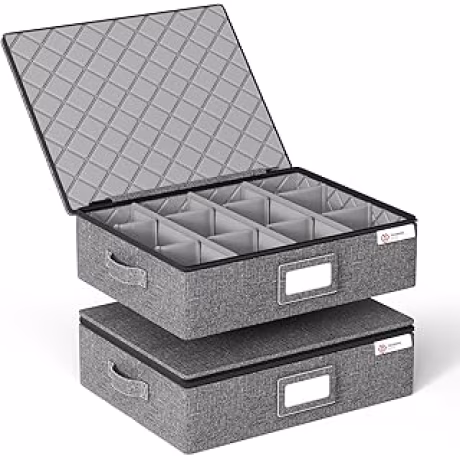 Dos cajas rígidas apilables para tazas, con separadores, tapas y asas