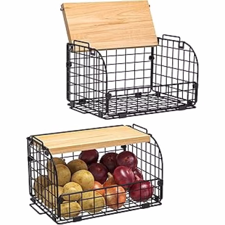 Dos cestas apilables de alambre con parte superior abierta para frutas, verduras y despensa