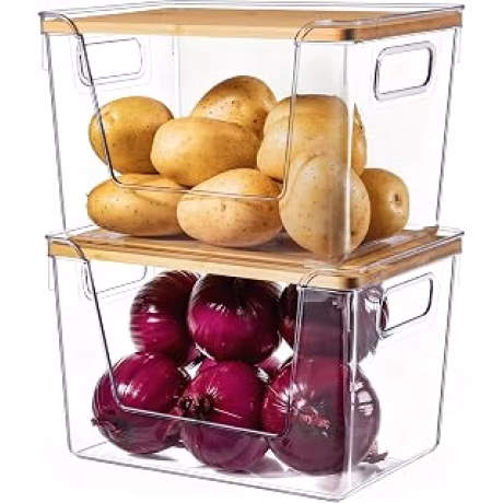 Dos organizadores transparentes para despensa con tapas de bambú