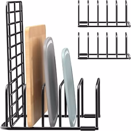 Dos soportes metálicos para organizar tablas de cortar y bandejas de horno