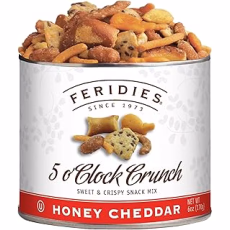 FERIDIES Honey Cheddar 5 O'Clock Crunch Gourmet Mezcla de aperitivos dulces y picantes, lata de 6 onzas