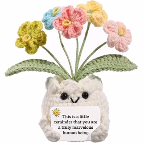 Forget-Me-Not Positive Crochet Flowers Plants Gift - Decoración de escritorio hecha a mano con tarjeta "This is a Little Reminder", regalo inspirador de agradecimiento para compañeros de trabajo, mujeres, empleados, profesores, mejores amigas, mamá